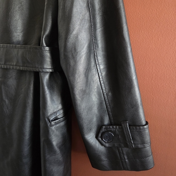 Max Studio Black Faux Leather Long Trench Coat Belted Matrix Style Size S - Picture 7 of 13